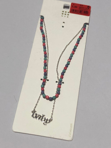 گردنبند صورتی آبی |گردنبند دولاین مهره و زنجیر |گردنبندbaby|گردنبندبیبی|گردنبند رنگی|گردنبند پینترستی |گردنبند دولایه