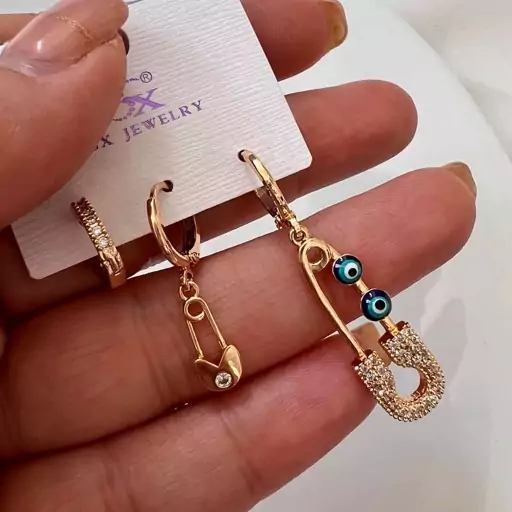 پک گوشواره ۳تایی 🎀گوشواره  چشم نظر طلایی|گوشواره سنجاق قفلی|گوشواره حلقه ای ریز|گوشواره نامتقارن